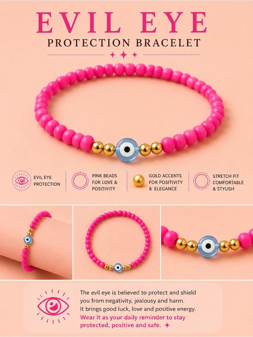 Evil Eye Protection Kids Bracelet - Pink with Gold Accents #37